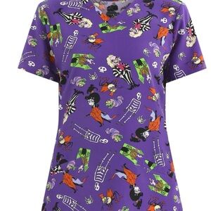 Beetlejuice Women's Graphic Scrub Top, 2 Pockets Size L New